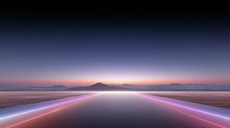 A captivating landscape scene featuring a tranquil water body reflecting colorful lights and mountains during twilight, highlighting the serene beauty of nature.の素材