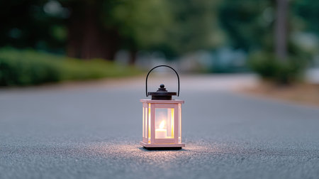 A charming lantern sits on a quiet pathway, casting a warm glow as dusk settles in. Ideal for evoking feelings of tranquility and inviting ambiance in outdoor environments.の素材