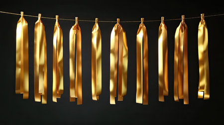 Elegant golden satin ribbons hang gracefully against a deep black background, perfect for adding a touch of luxury and style to any festive celebration or event decor.の素材