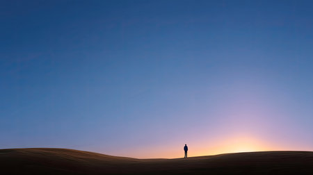 A solitary figure stands on soft dunes, observing a breathtaking sunset. The sky showcases soft hues, reflecting tranquility and offering a moment of introspection.の素材
