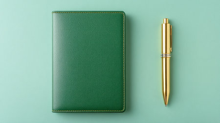 A visually appealing flat lay of a green notebook paired with a gold pen on a soft pastel surface. Ideal for showcasing writing essentials in professional and creative contexts.の素材