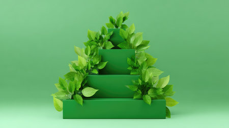 This image features green boxes adorned with vibrant foliage, creating a fresh, eco-friendly aesthetic perfect for design and nature themes. Ideal for creative projects.の素材