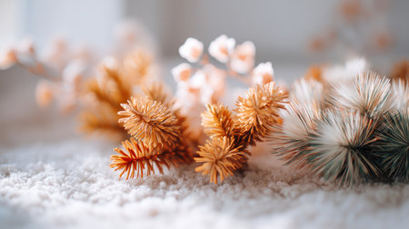 This captivating arrangement showcases dried flowers and pine branches, creating a serene and cozy atmosphere perfect for seasonal decorations and home aesthetics.の素材