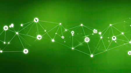 A vibrant green digital network illustration featuring various icons that symbolize technology and nature. This abstract graphic showcases innovation and connectivity.の素材