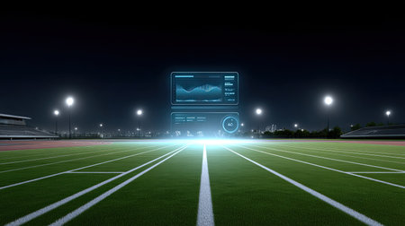 A modern sports field at night showcases a digital dashboard that presents real-time athletic performance metrics and analytics, emphasizing innovation in training technology.の素材