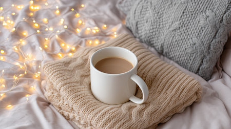 A comforting scene featuring a white coffee cup resting on a soft knit blanket. Surrounded by twinkling lights, this cozy setup invites relaxation and warmth.の素材