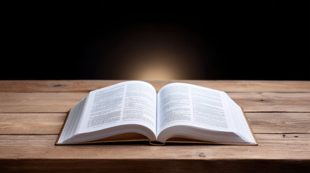 An open book rests on a rustic wooden table, illuminated by soft light against a dark background, inviting exploration, learning, and introspection.の素材