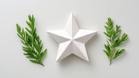 A stunning white star decoration placed between vibrant green leaves creates a modern aesthetic for home interiors, adding a touch of nature and elegance.の素材