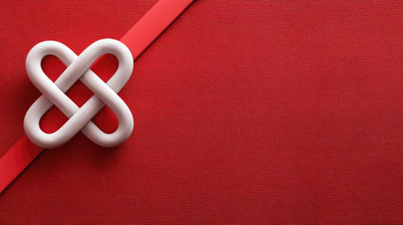 This image features an elegant white ribbon knot on a red background, ideal for showcasing creative gift wrapping ideas and festive decorations for special occasions.の素材