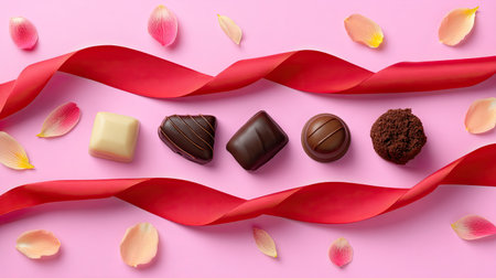 A visually appealing arrangement of assorted chocolates on a pink background, complemented by a flowing ribbon and delicate petals, perfect for any celebration.の素材