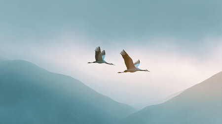 Two elegant cranes glide gracefully through misty mountains at dawn, embodying peace and freedom in nature. This stunning landscape captures the essence of wildlife and serenity.の素材
