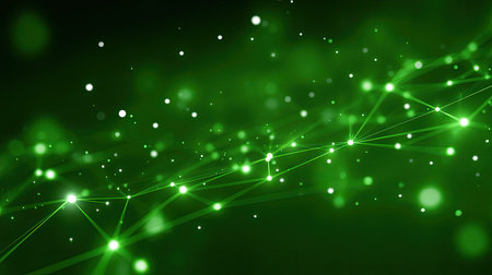 A vibrant abstract background showcasing glowing green particles and interconnected lines, perfect for themes of technology, data networking, and modern digital designs.の素材