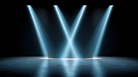 This image showcases dramatic stage lighting with beams piercing through shadows in a dark performance space, creating a captivating atmosphere perfect for artistic presentations.の素材