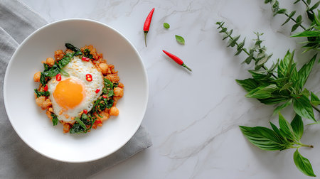A visually appealing dish featuring fried rice with a sunny-side-up egg, decorated with fresh herbs and chilies, showcasing vibrant colors and textures ideal for culinary inspiration.の素材