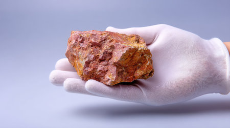 A close-up view of a hand holding a distinctive piece of rock, underlining the unique textures and colors. Perfect for educational projects or geology needs.の素材