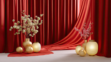 This captivating interior scene showcases vibrant red drapery complemented by golden decor and delicate flower arrangements, creating an atmosphere of elegance and warmth.の素材