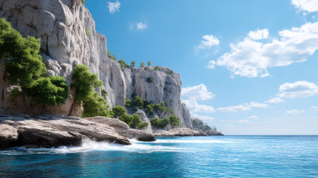 This stunning coastal scene features majestic cliffs overlooking clear blue waters, lush greenery, and a bright sky, perfect for capturing nature's beauty and tranquility.の素材