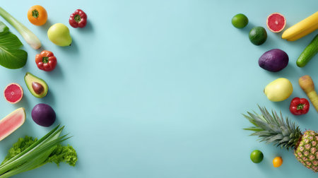 A vibrant display of fresh fruits and vegetables arranged artistically on a soft blue surface, perfect for promoting healthy eating and culinary creativity.の素材