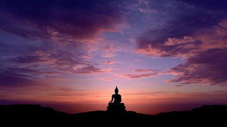 A tranquil image capturing the silhouette of a Buddha statue set against a stunning sunset sky, creating an atmosphere of peace and reflection in nature.の素材