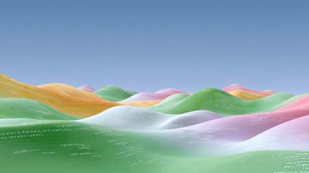 This abstract digital artwork features colorful rolling hills with smooth gradients set against a clear blue sky, perfect for modern designs or creative projects.の素材