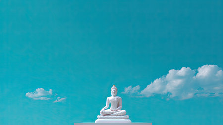 A stunning white Buddha statue sits peacefully against a bright blue sky with clouds, creating a serene atmosphere ideal for spiritual reflection and tranquility.の素材