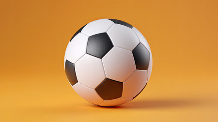 A realistic soccer ball with a classic black and white design rests against a vibrant orange background. This image embodies the spirit of sports and athleticism.の素材