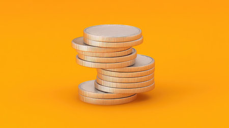 A visually striking arrangement of stacked gold coins on a vivid orange background, symbolizing wealth and financial success in a modern context.の素材