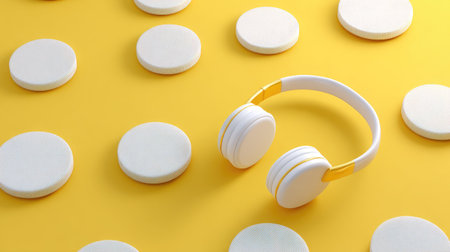A minimalistic arrangement featuring stylish white headphones on a bright yellow background with circular shapes, ideal for music and creativity-related visuals.の素材