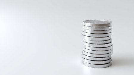 A visually appealing image of stacked silver coins on a clean white background, representing themes of wealth, savings, and financial growth in the economy.の素材