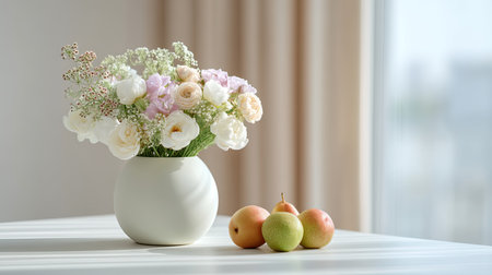 A beautiful arrangement of pastel flowers in a simple vase paired with fresh apples on a kitchen table, creating a warm and inviting atmosphere in natural light.の素材
