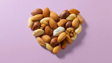 A visually appealing heart shape made from assorted nuts on a soft pink background. This image represents health, nutrition, and love for natural food options.の素材