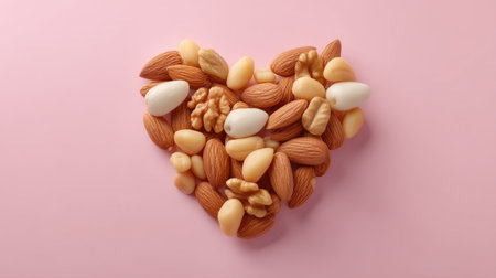 A vibrant arrangement of various nuts and candies shaped like a heart, resting on a soft pink background, perfect for conveying themes of love, health, and indulgence.の素材