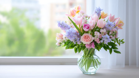 A stunning floral arrangement featuring vibrant tulips, delicate roses, and other flowers in a clear glass vase, set against a light-filled window, creating a refreshing ambiance.の素材