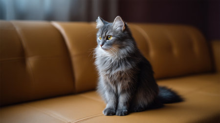 A charming gray cat sits gracefully on a stylish leather sofa, bathed in soft natural light, creating a serene and inviting atmosphere in a cozy indoor space.の素材