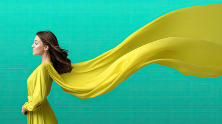 Captivating portrait of a serene woman dressed in a flowing yellow gown, against a striking turquoise backdrop, illustrating elegance and beauty in motion.の素材