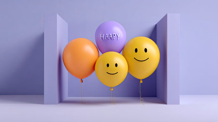 A delightful arrangement of colorful balloons featuring smiling faces against a pastel background, symbolizing joy and celebration for various festive occasions.の素材