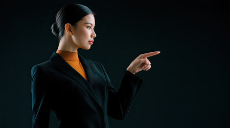 A poised businesswoman confidently points in a dark studio environment. Her elegant attire and expressive gesture convey professionalism and determination, inspiring empowerment.の素材
