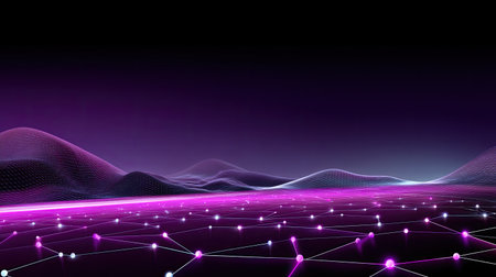 Captivating abstract landscape featuring glowing network connections set against a vibrant purple gradient background, perfect for technology and innovation projects.の素材