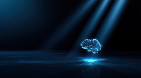 A striking digital representation of a brain hologram suspended in a dark environment, highlighted by beams of light, symbolizing intelligence and innovation.の素材