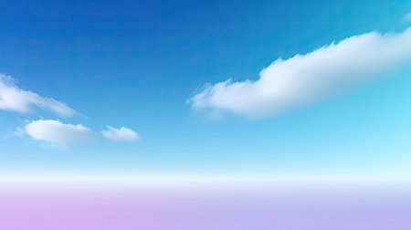 A picturesque view featuring a blue sky with soft, fluffy clouds and a gentle pastel gradient towards the horizon, creating a tranquil and serene atmosphere.の素材