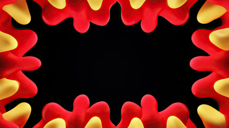 This abstract image features a striking frame made of vivid red and yellow shapes set against a dark background, ideal for creative and artistic uses.の素材