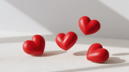 A captivating arrangement of red hearts on a soft surface, beautifully illuminated by natural light and shadow, perfect for conveying feelings of love and affection.の素材