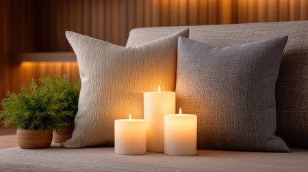 A serene living room setting featuring three glowing candles, soft cushions, and a green plant, creating a tranquil and inviting atmosphere for relaxation and comfort.の素材