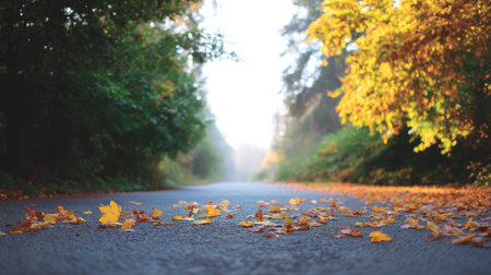 A serene autumn landscape showcasing a quiet road adorned with colorful leaves, surrounded by lush greenery and illuminated by soft morning light. Perfect for nature lovers.の素材