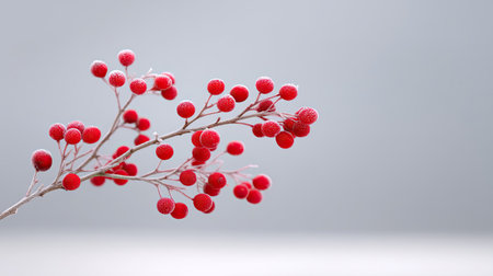 A striking composition featuring delicate red berries on a slender branch, elegantly contrasting with a soft gray background, ideal for nature and decoration themes.の素材