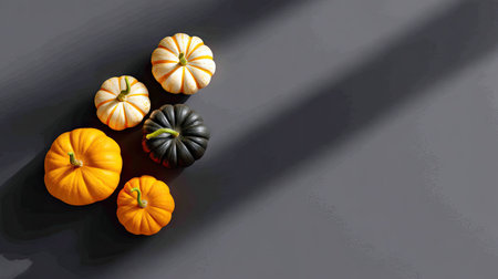 A charming display of colorful pumpkins resting on a grey surface. The soft shadows enhance the autumn vibe, making this image ideal for seasonal and decorative inspiration.の素材