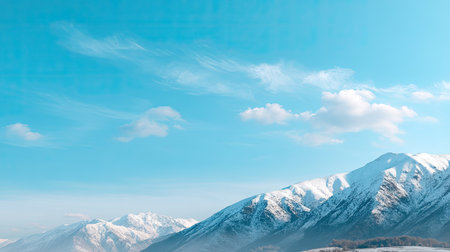 A stunning view of majestic snow-capped mountains beneath a bright blue sky filled with fluffy clouds, showcasing the tranquility and beauty of a winter landscape.の素材
