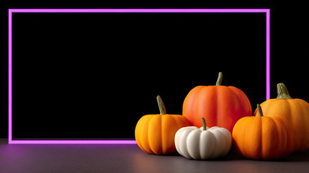 This image features a striking arrangement of colorful pumpkins showcasing vibrant autumn hues on a dark surface, perfect for fall decor and seasonal celebrations.の素材