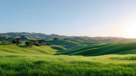 Explore a tranquil scene of lush green hills under a bright blue sky during golden hour, showcasing serene beauty in a rural landscape filled with vibrant nature.の素材