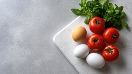 A serene arrangement of fresh ingredients including eggs, red tomatoes, and green basil on a marble cutting board, creating a beautiful cooking scene.の素材
